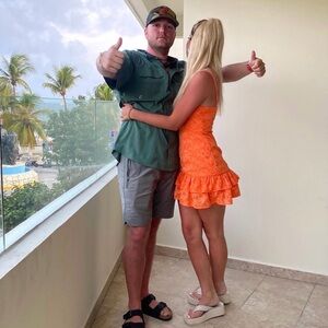 Orange Floral Lace Ruffle Mini Dress